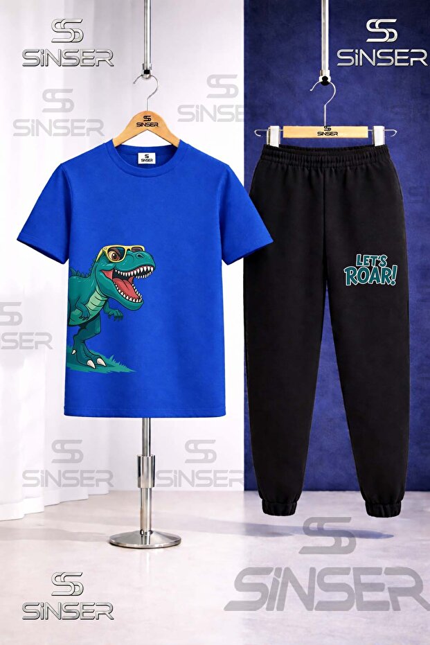 Children's Dinosaur Glasses Green Side Printed T-Shirt and Sweatpants Set