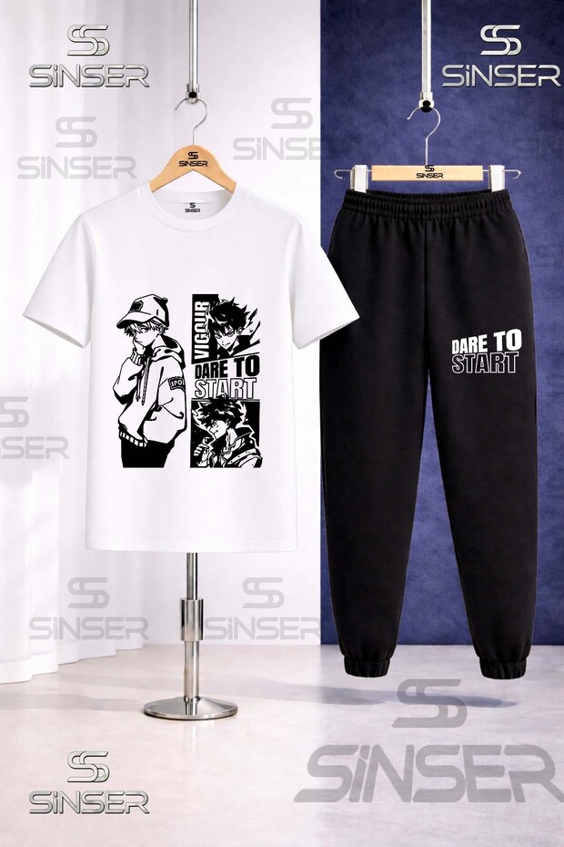Children's Dare to Start Black Printed T-Shirt Tracksuit Set