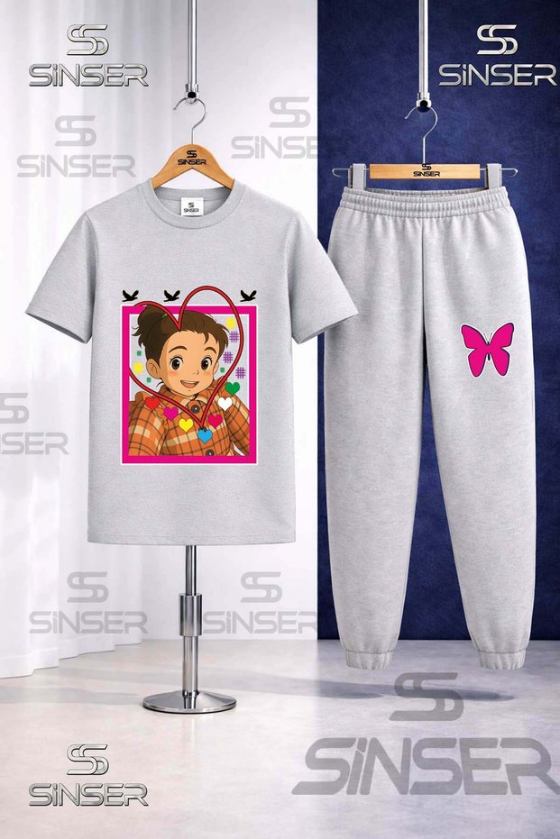 Children's Crn Girl Heart Printed T-Shirt Tracksuit Set