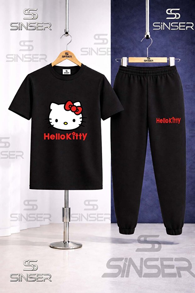 Children's Hello Kitty Red Writing Printed T-Shirt Tracksuit Set