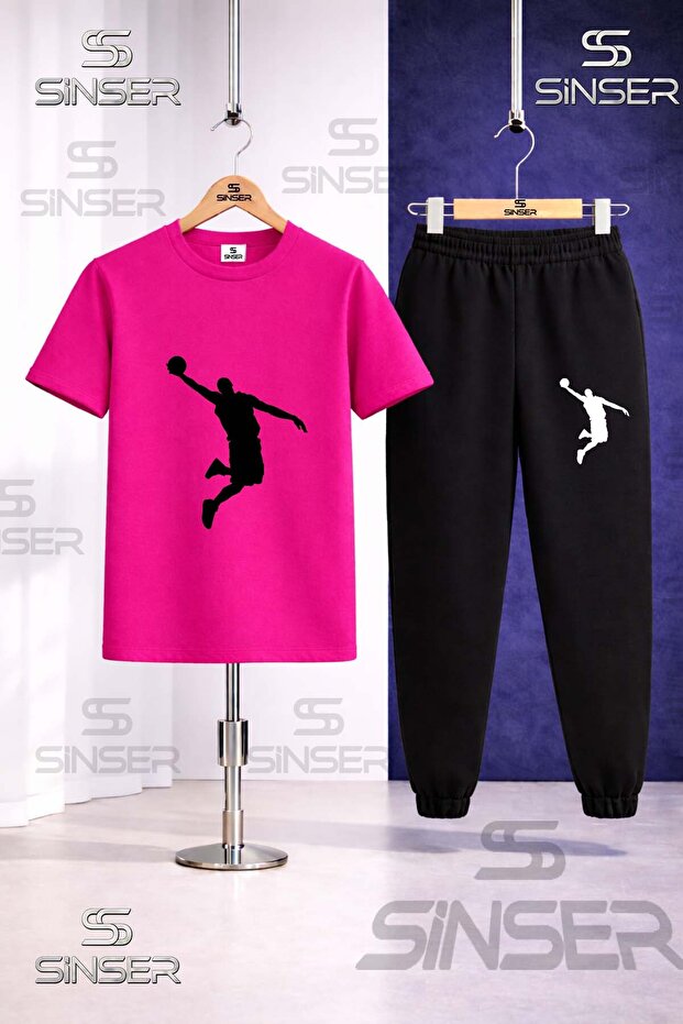 Children's Basket Man Black Printed T-Shirt Tracksuit Set