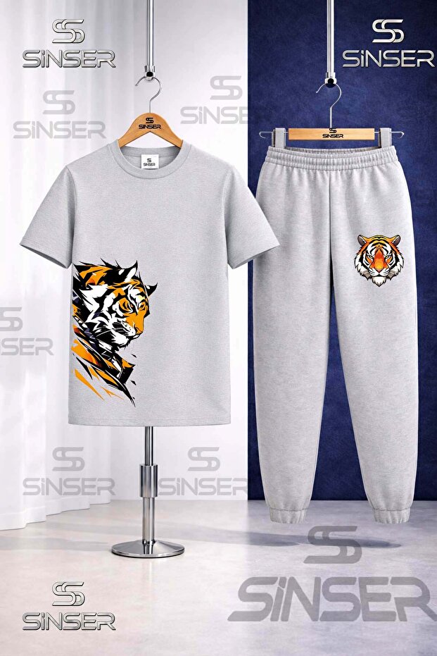 Children's Tiger Sag Looking Head Printed T-Shirt Tracksuit Set