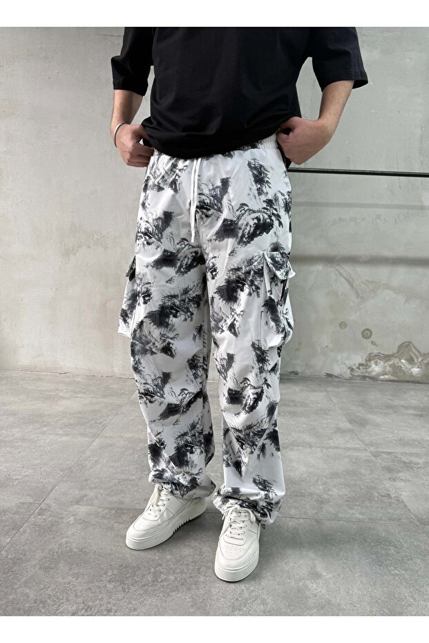 Batik Patterned White Parachute Pants