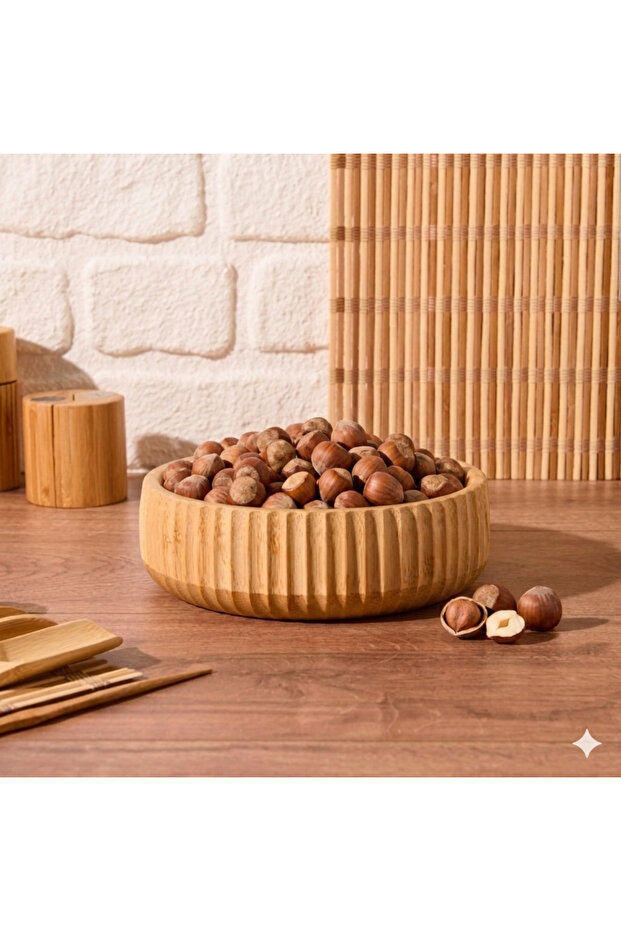 Natural Bamboo Round Snack Bowl and Presentation Bowl with Decorative Grooved Design 22 cm