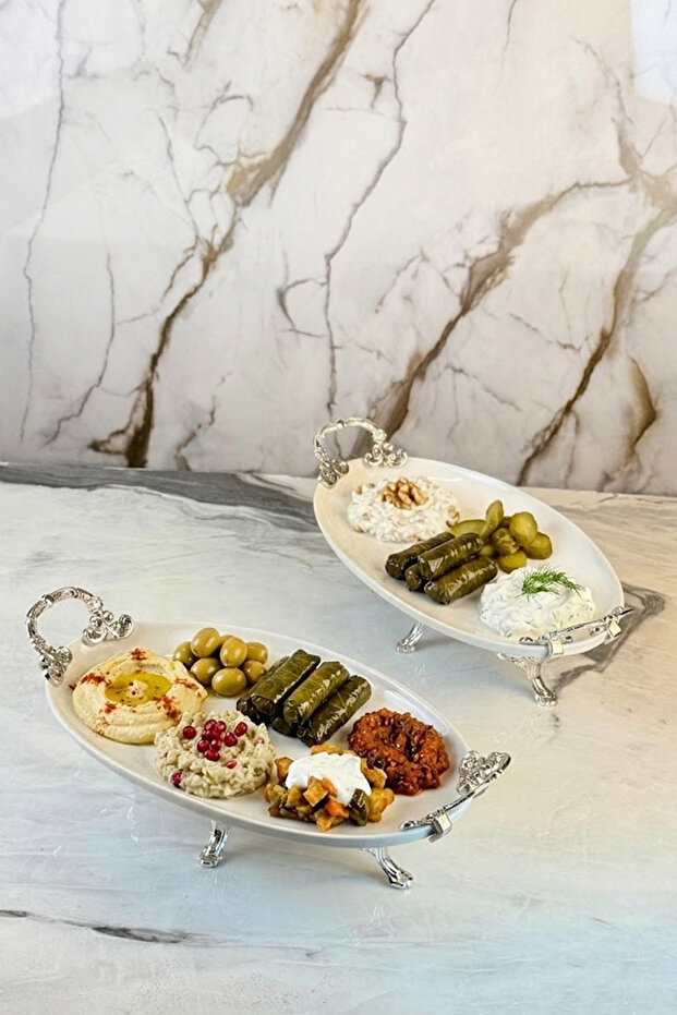 2-Piece Porcelain Plate with Handle & Oval Appetizer Presentation Set