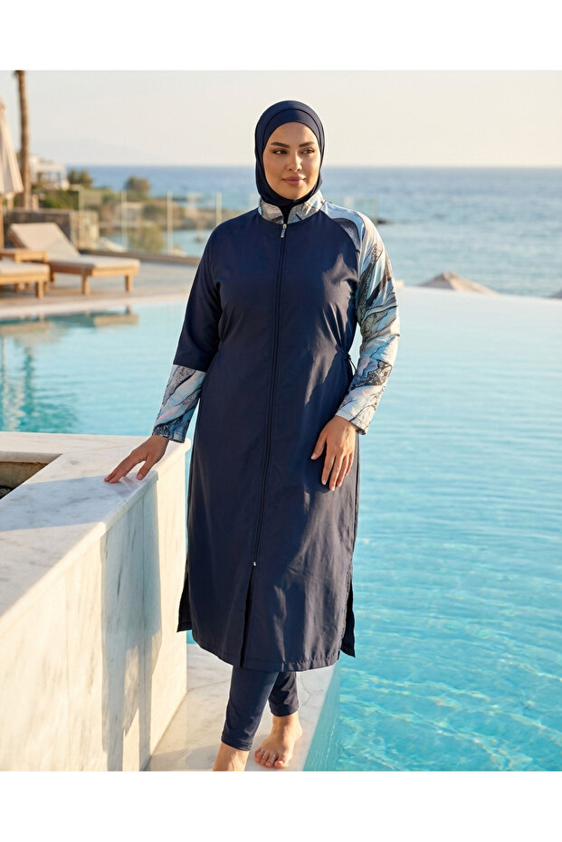 Plus Size High Neck Parachute Fabric Long Zipper-Up Adjustable Waist Lace-Up Pattern Detailed Narrow Leg Women's Hijab Swimsuit