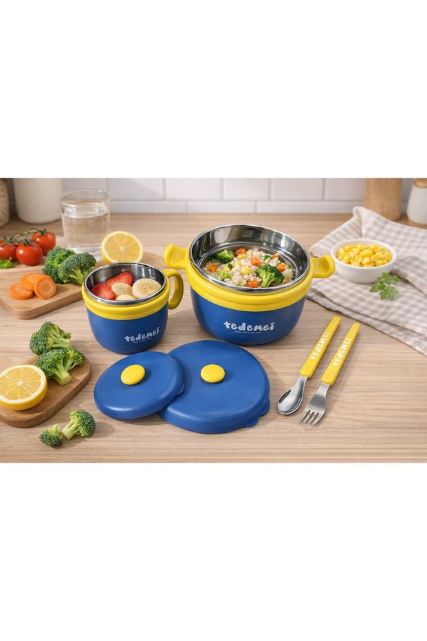 Stainless Steel Leak-Proof Baby Food Set with Fork and Spoon 260-500 ml Blue Imported Product