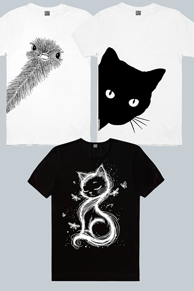 Ostrich Curious, Curious, Cat Princess Black 3-Piece Women's T-Shirt Eco Package