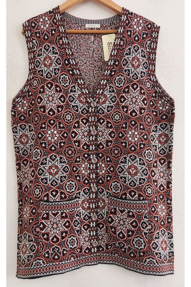 Women's New Star Patterned Front Buttoned Thick Knitwear Mother Tunic Vest