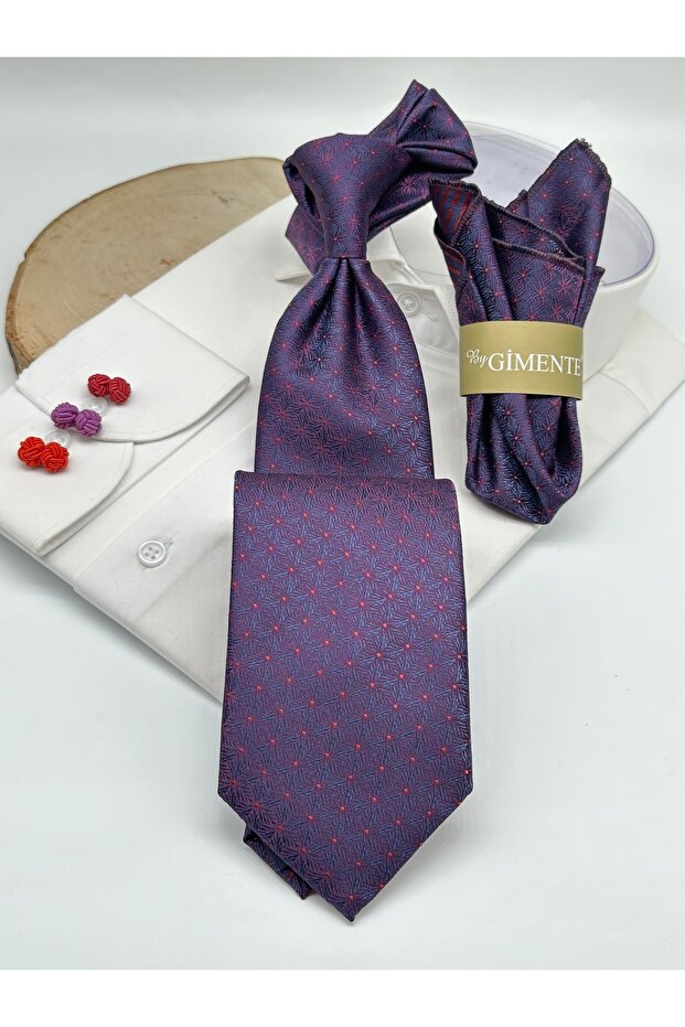 Claret Red Patterned Classic Tie with Handkerchief