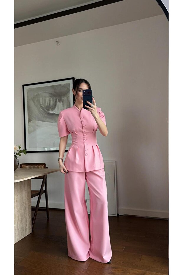Short Sleeve Buttoned Stand Collar Design Jacket Blouse Palazzo Pants Matching Stylish Two-Piece Premium Set