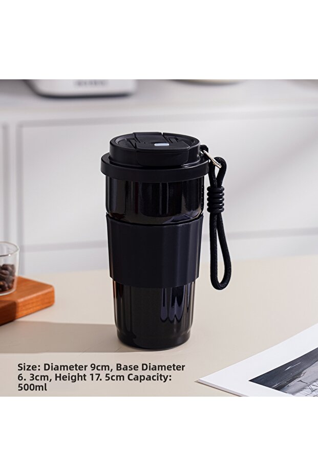 Stainless Steel Thermos Cup, 500ml Leak-Proof Coffee Cup with Lid, Portable Mug with Strap