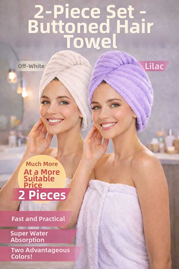 2 Pieces Thick Microfiber 2 Button Hair Towel Hair Cap Bath Sea And Pool After Beach