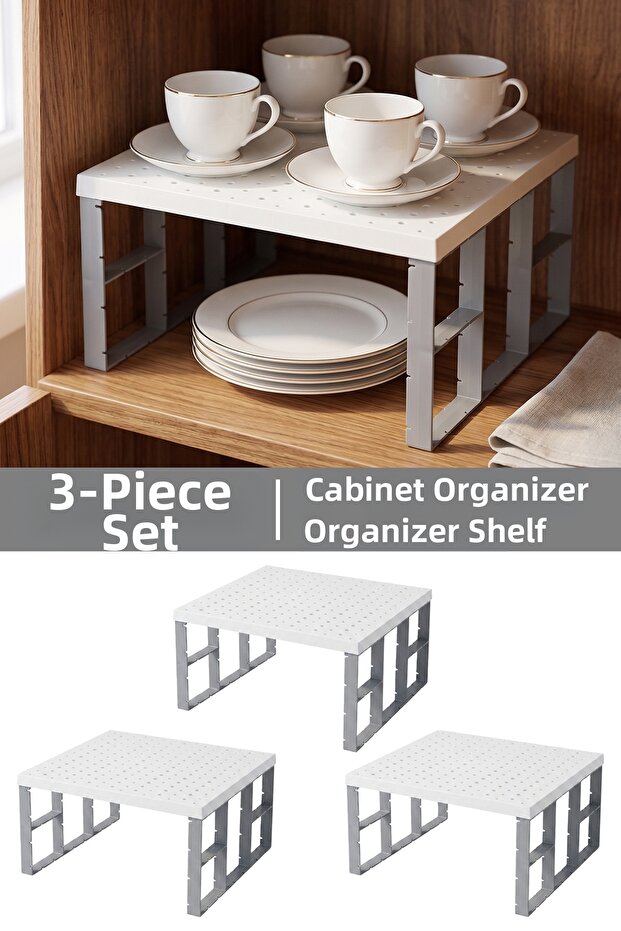 3 Pieces of In-Cabinet Organizer Shelves - Kitchen Bathroom Detergent Holder Multi-Purpose Countertop Organizer White