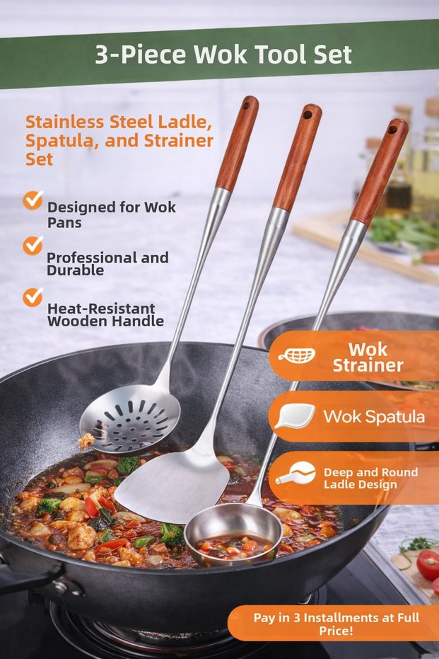 3-Piece Wok Set |   Stainless Steel Wok Spoon, Spatula and Colander Set with Wooden Handle |   Kitchen Set