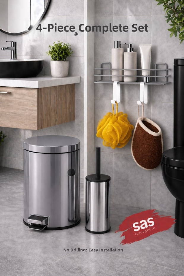 4 Piece Bathroom Accessory Set Adhesive Wall Shelf 5 Lt Trash Can Toilet Brush Chrome Titan 7104