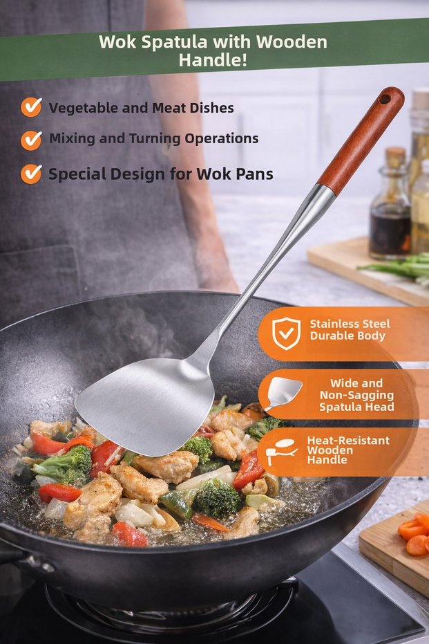 Wok Spatula with Wooden Handle |   Stainless Steel Wok Shovel |   Professional Kitchen Spatula