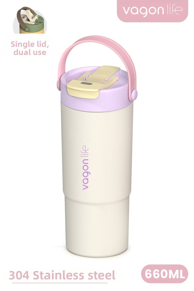 Tumbler Mug 660 ml Single Lid Dual Use Straw Comfortable Drinking Handle Stainless Steel Thermos 1102-660
