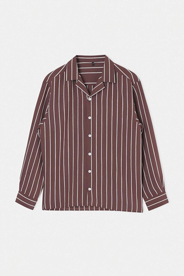 Kahverengi Oversize Çizgili Mevsimlik Erkek Gömlek TMNSS26GO00024 - 4