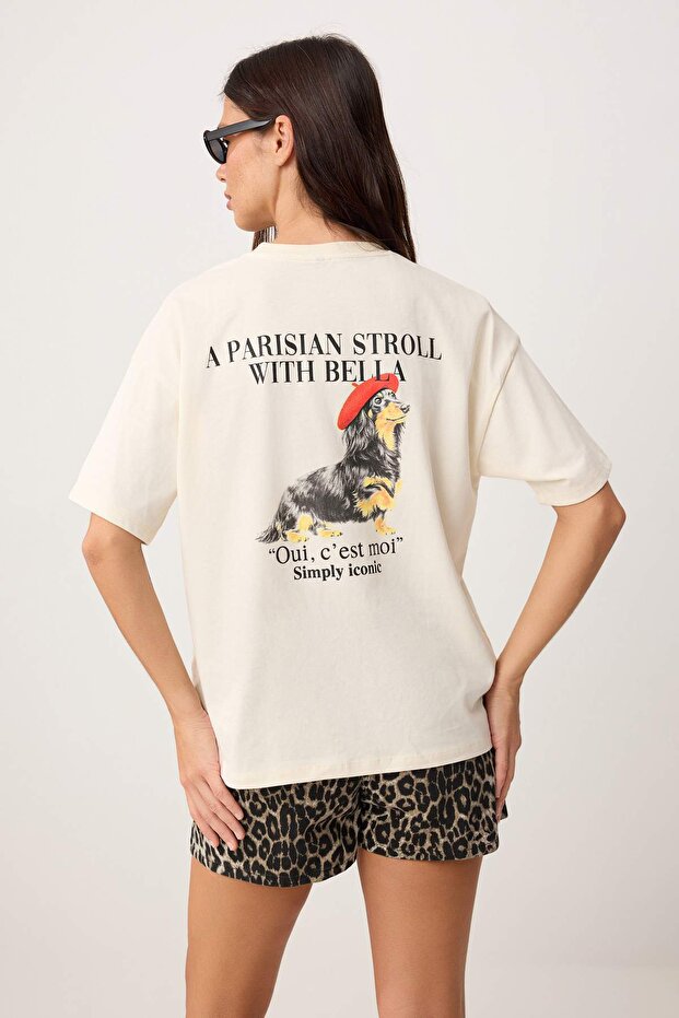 Ekru Baskılı Oversize/Geniş Kalıp Kısa Kollu Örme T-Shirt TWOSS26TS00292 - 3