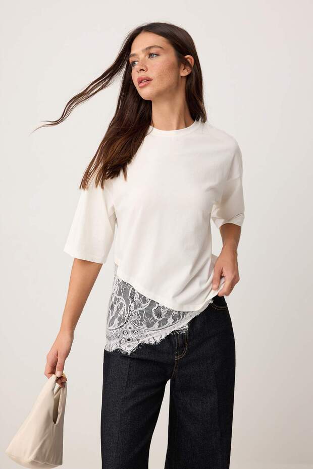 Ekru Regular/Normal Kalıp Dantel Detaylı Kısa Kollu Örme T-Shirt TWOSS26TS00303 - 1
