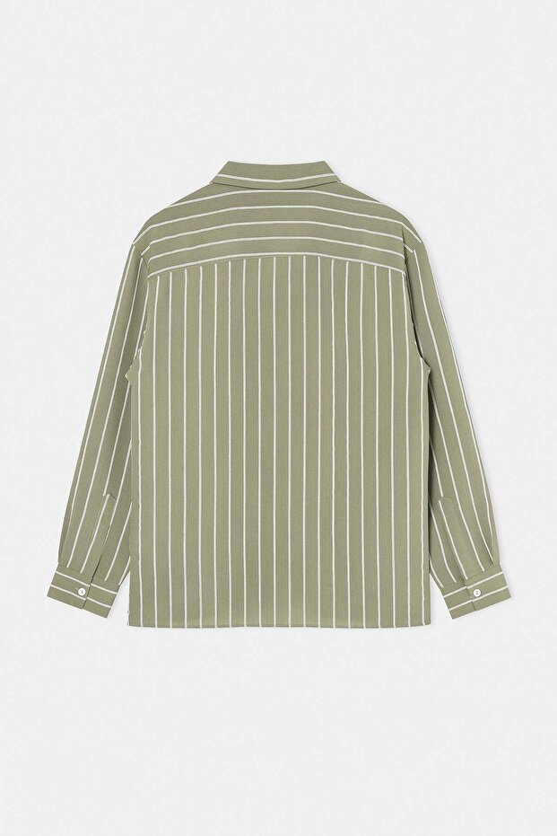 Haki Oversize Çizgili Mevsimlik Erkek Gömlek TMNSS26GO00024 - 6
