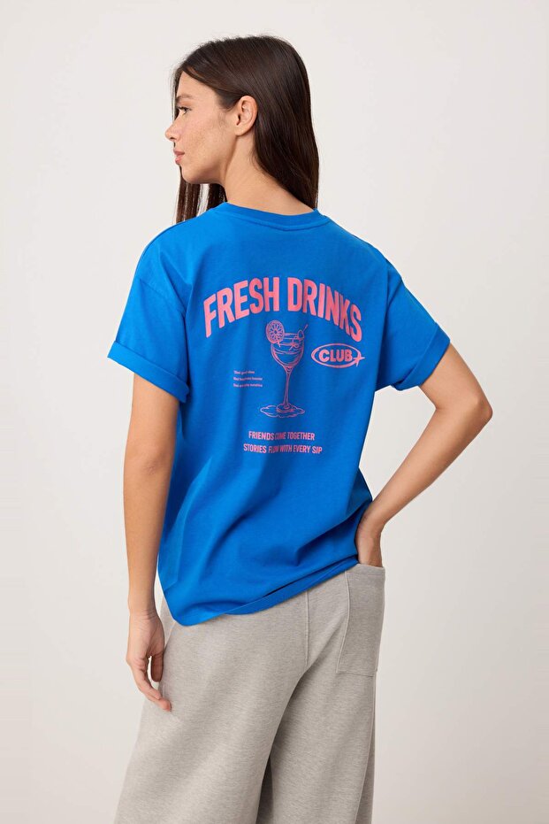 Indigo Slogan Oversized Crew Neck Low Sleeve Short Long Tok 100% Cotton Knitted T-Shirt Twoss26Ts00251