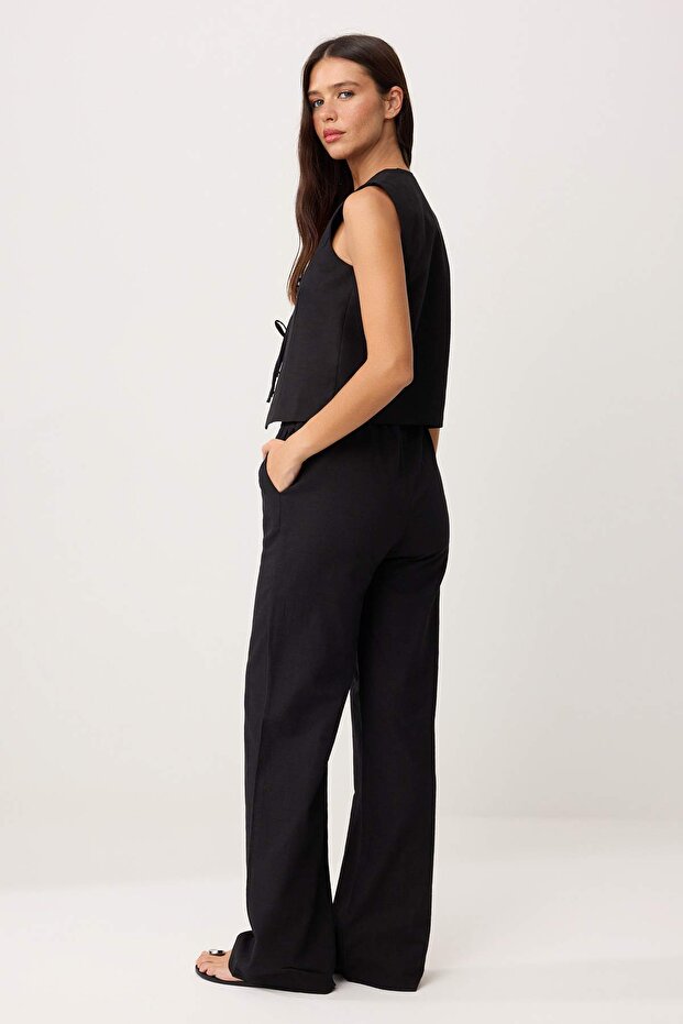 Siyah Bağlamalı Keten Görünümlü Bluz Ve Wide Leg Pantolon Dokuma Alt - Üst Takım TWOSS25AU00034 - 4