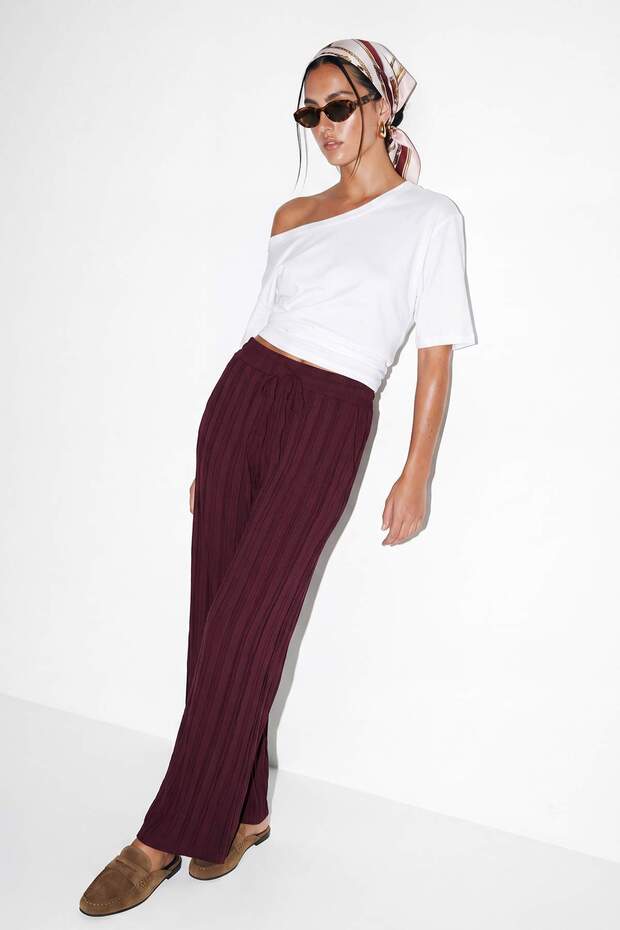 Bordo Geniş Paça Rahat Kalıp Pantolon TDRSS26PL00012 - 2