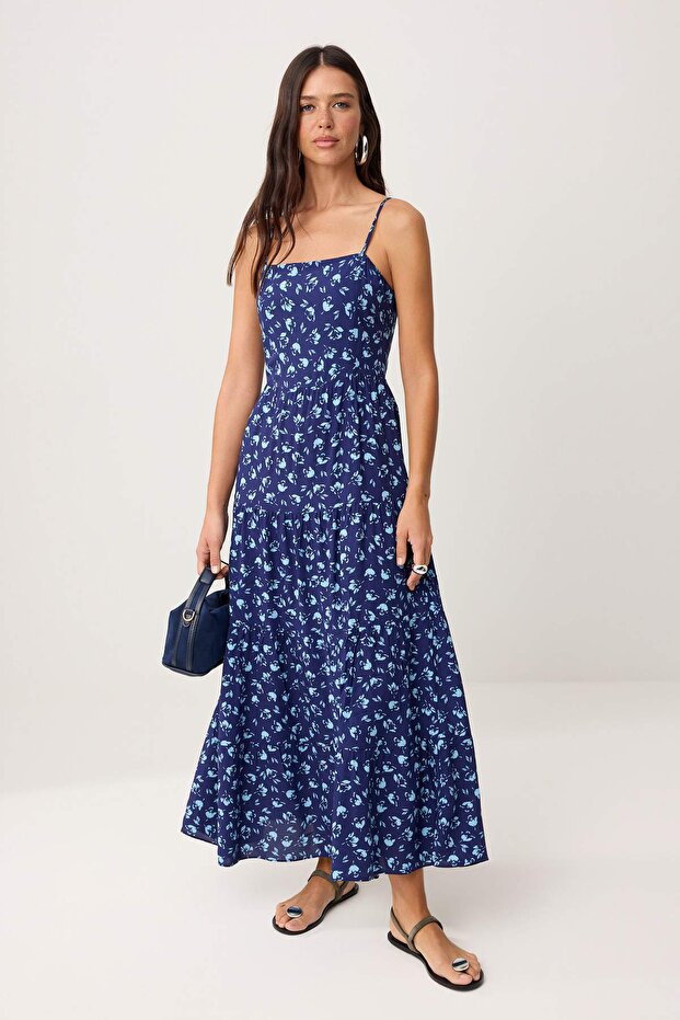 Indigo A Kesim Çiçek Desenli Boho Askılı Midi Dokuma Elbise TWOSS21EL1341 - 2