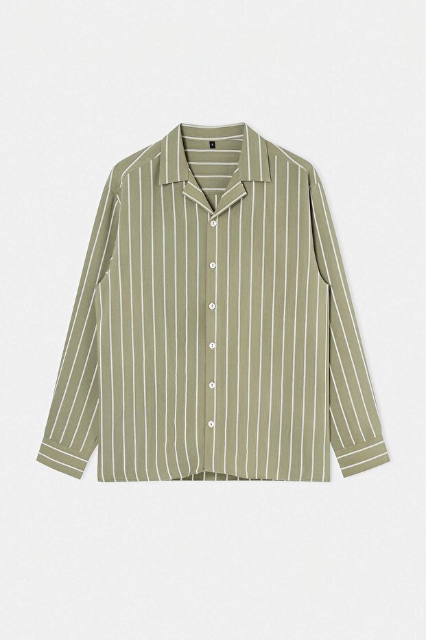 Haki Oversize Çizgili Mevsimlik Erkek Gömlek TMNSS26GO00024 - 5