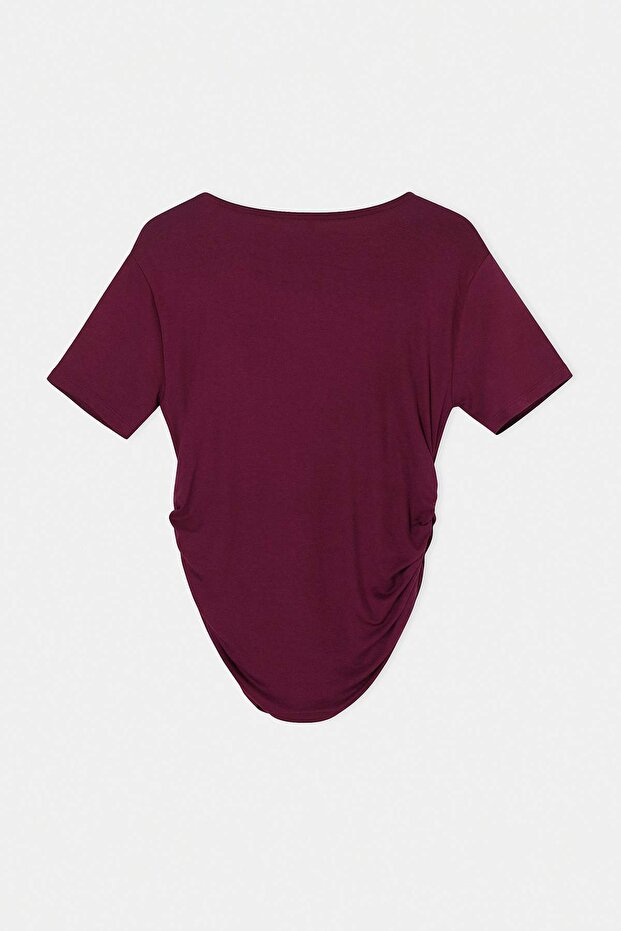 Bordo Viskon Ribana Yanı Büzgülü Örme Büyük Beden Bluz TBBSS26AF00060 - 6