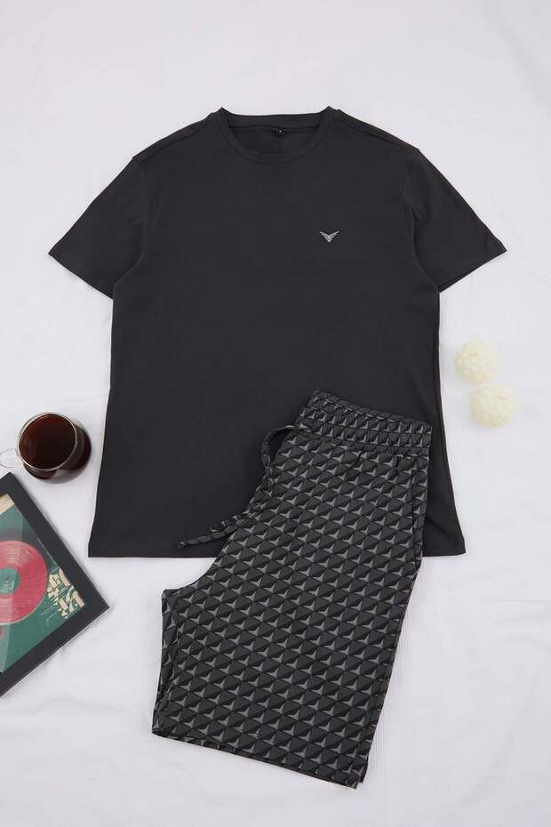 Siyah Regular Geometrik Baskılı %100 Pamuk Yazlık Örme Pijama Takımı TMNSS26PT00039 - 4