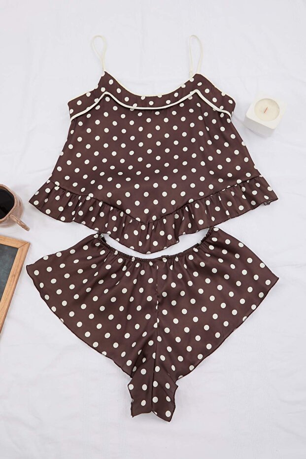 Kahverengi Puantiyeli Saten Dokuma Pijama Takımı THMSS26PT00189 - 2