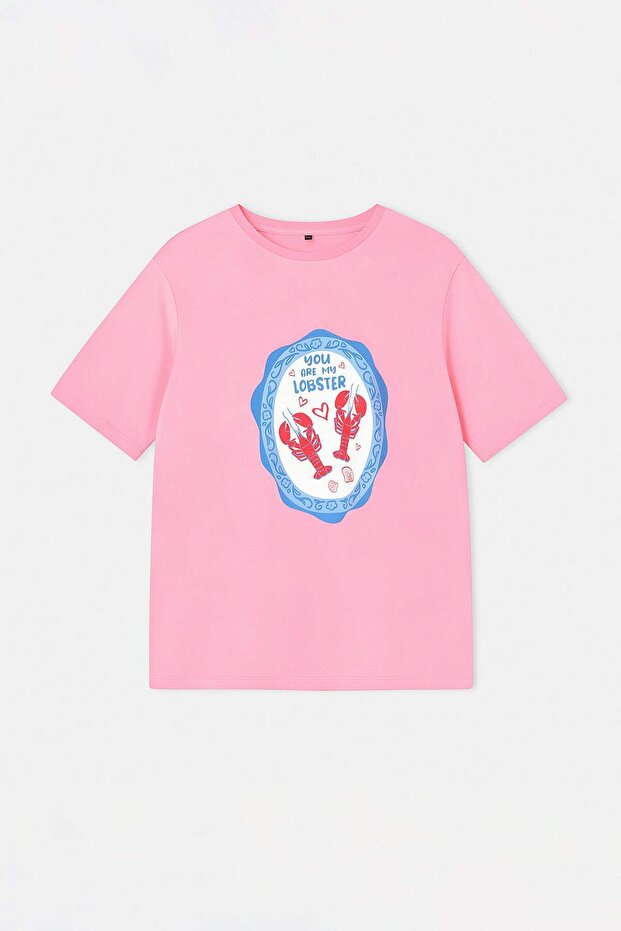 Pembe Yengeç Baskılı Loose Fit Örme Büyük Beden T-shirt TBBSS26BF00055 - 5