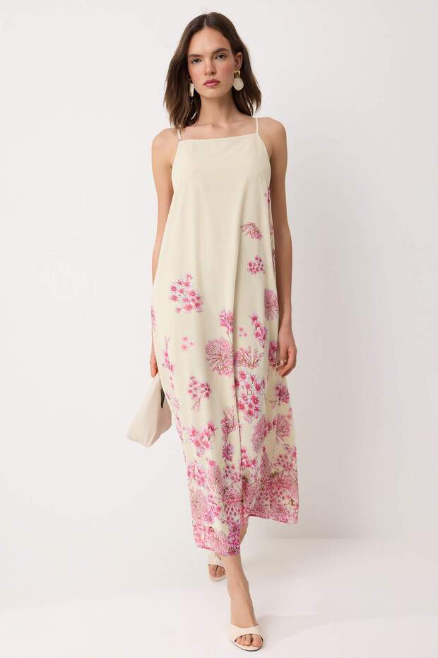 Çok Renkli Çiçekli Maxi Dokuma Elbise TWOSS26EL00637 - 1