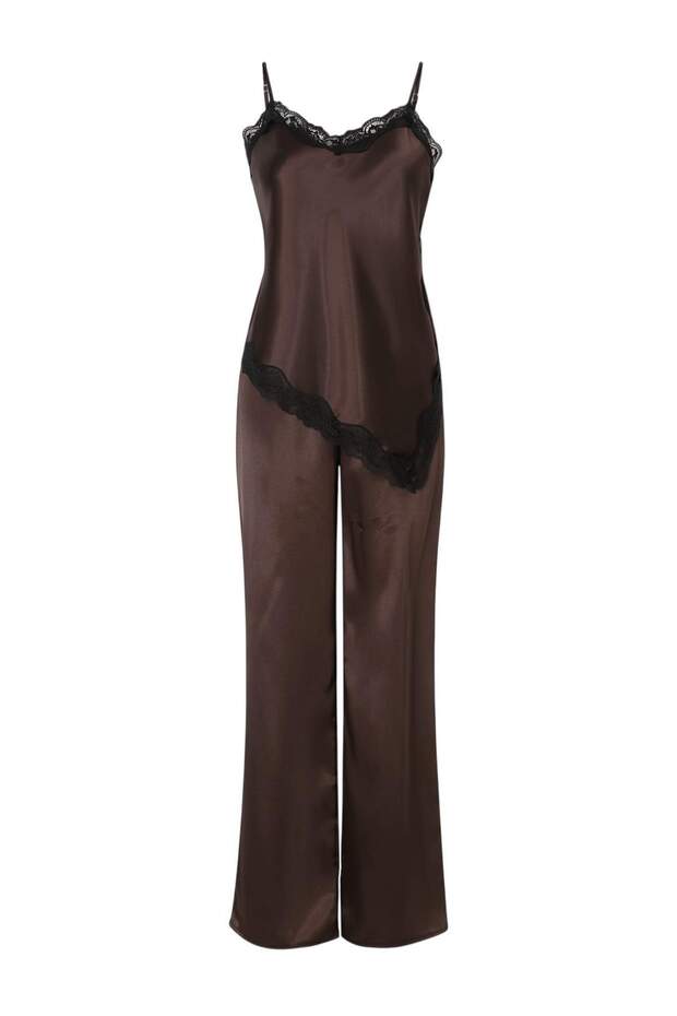 Kahverengi Dantel Detaylı Saten Dokuma Pijama Takımı THMSS26PT00210 - 4