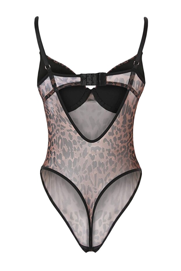 Kahverengi Tül Fitted Kaplı Leopar Baskılı Sırt Detaylı Body THMSS26BD00024 - 6