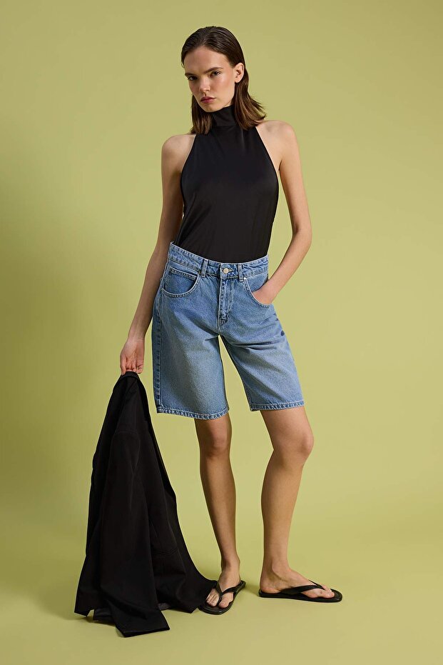 Mavi %100 Pamuk Yüksek Bel Denim Bermuda TWOSS26SR00106 - 2