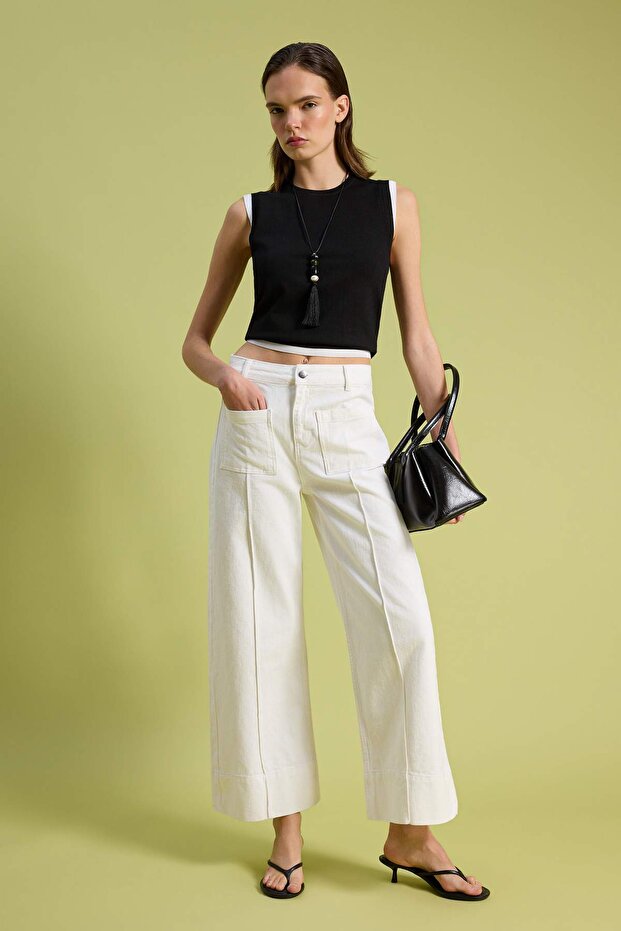Beyaz Cep Detaylı Yüksek Bel %100 Pamuk Wide Leg Jeans TWOSS26JE00162 - 2
