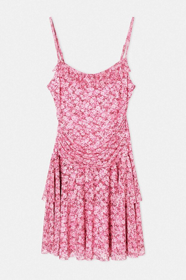 Pembe Çiçekli Bodycon Havuz Yaka İnce Askılı Kolsuz Mini Tül Astarlı Örme Elbise TWOSS26EL00727 - 3