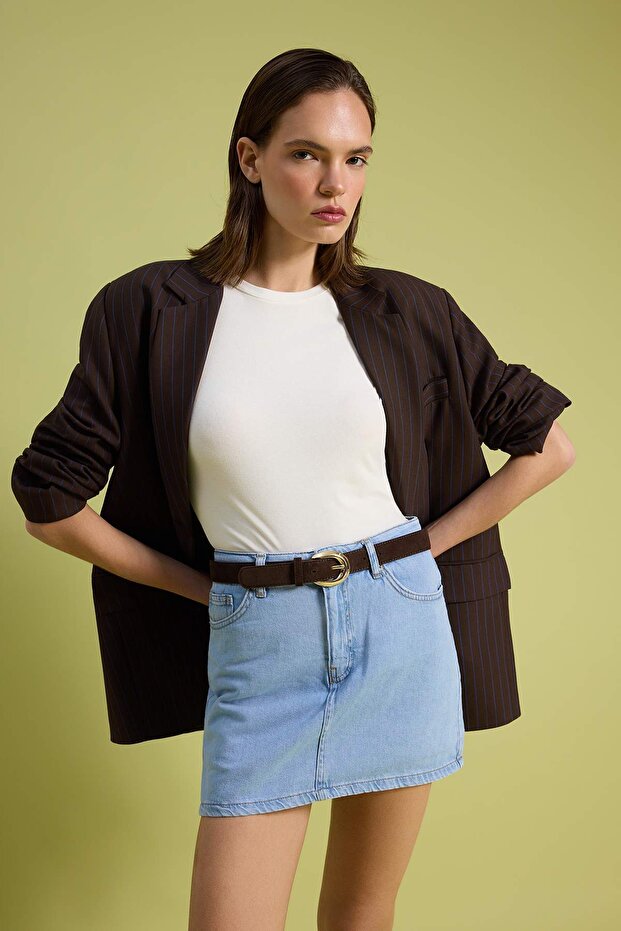 Açık Mavi %100 Pamuk Yüksek Bel Denim Şort Etek TWOSS26SR00110 - 2