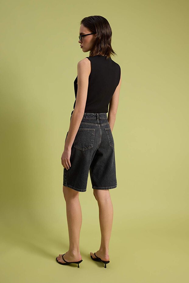 Antrasit %100 Pamuk Yüksek Bel Denim Bermuda TWOSS26SR00106 - 4