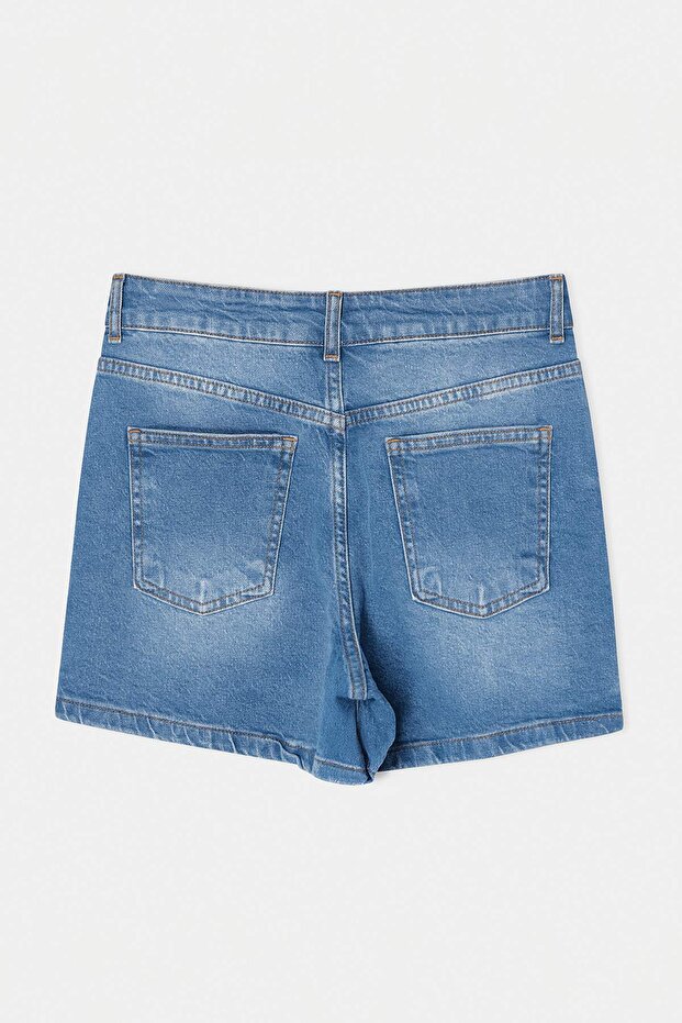 Mavi Kruvaze Kapama Yüksek Bel Az Esnek Denim Şort Etek TWOSS26SR00119 - 8