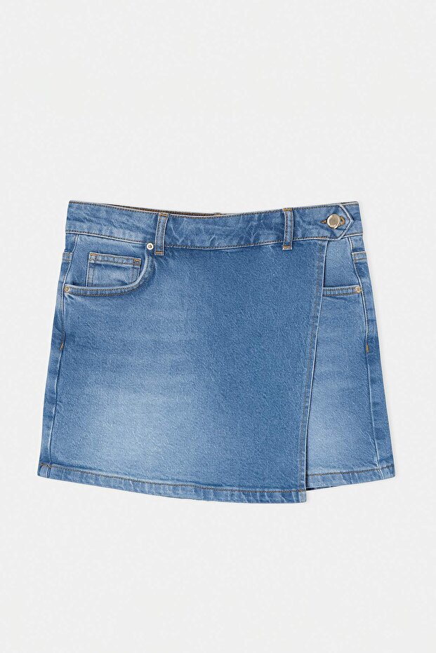 Mavi Kruvaze Kapama Yüksek Bel Az Esnek Denim Şort Etek TWOSS26SR00119 - 6