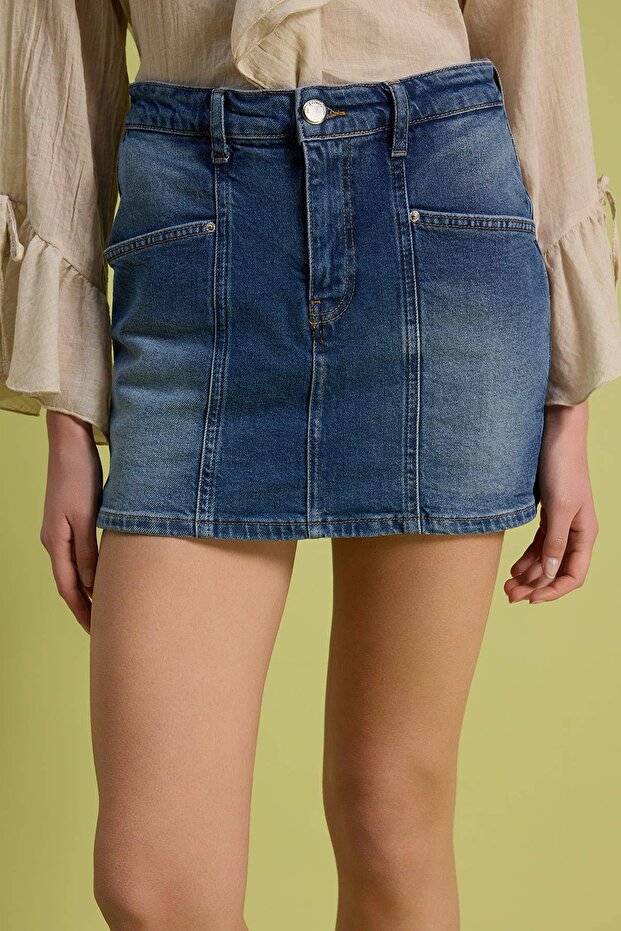 Mavi Cep Detaylı Yüksek Bel Az Esnek Denim Şort Etek TWOSS26SR00123 - 3