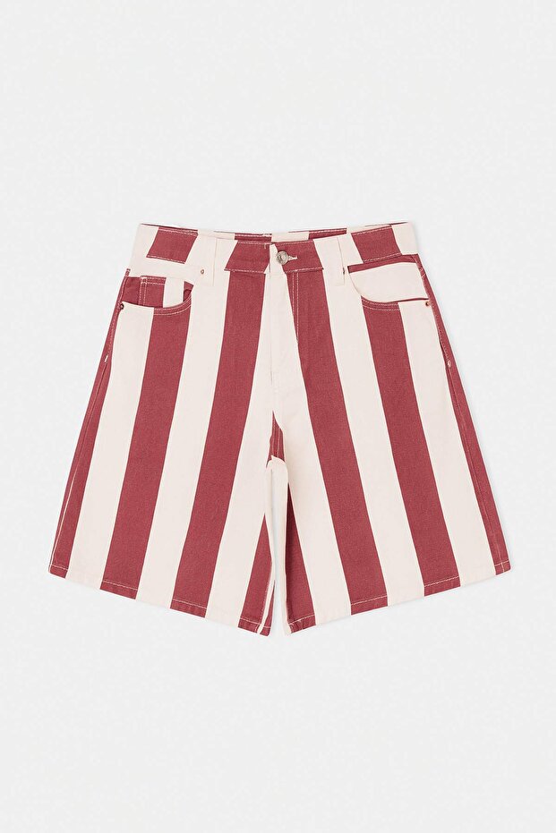 Çok Renkli Kırmızı Çizgili Yüksek Bel Denim Bermuda TWOSS26SR00153 - 5