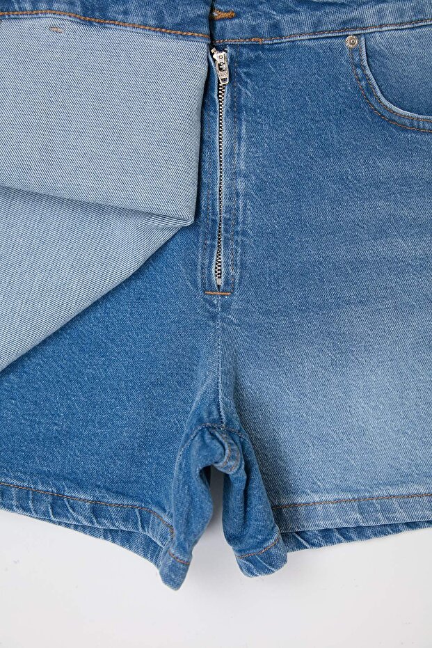 Mavi Kruvaze Kapama Yüksek Bel Az Esnek Denim Şort Etek TWOSS26SR00119 - 7