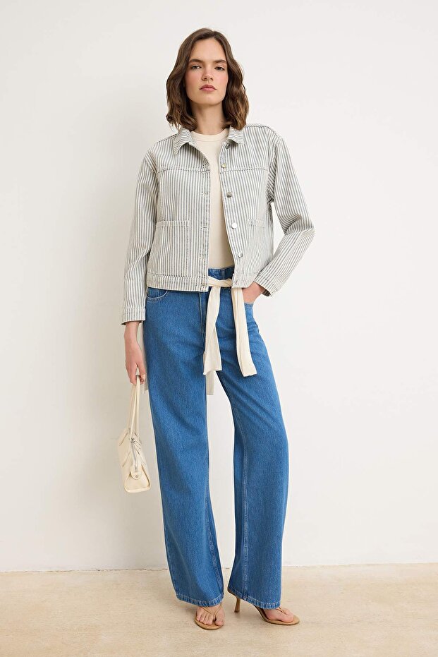 Ekru Denim Çizgili Crop %100 Pamuk Ceket TWOSS26CE00056 - 2