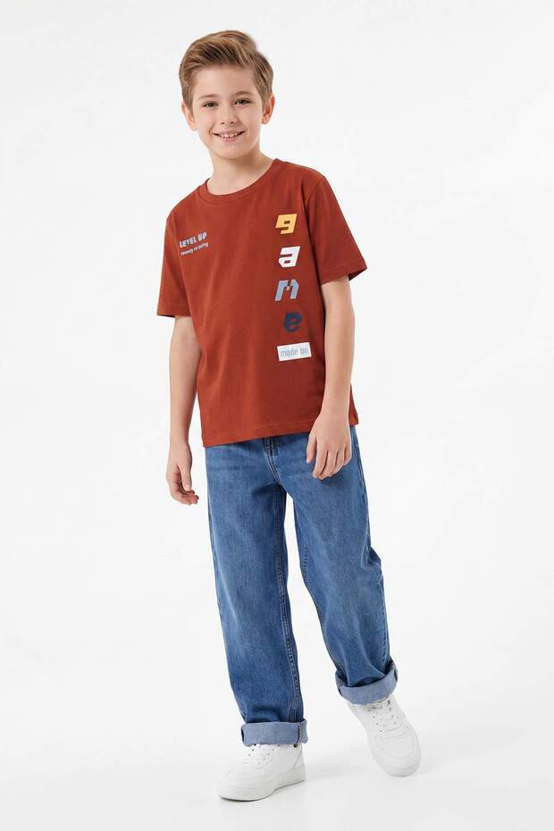 Kiremit-Mint 2'li Baskılı Örme Erkek Çocuk T-Shirt TKDSS26TS00036 - 2